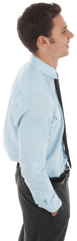 Transparent view of happy businessman standing with hands in pocket