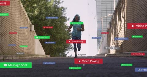 Urban runner jogging with smartphone amid floating social notifications and video alerts