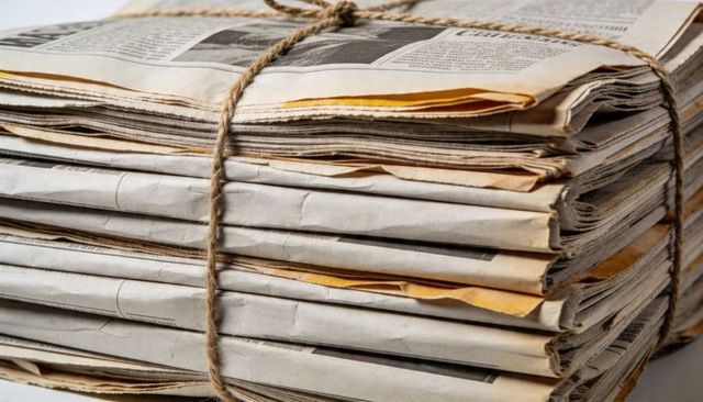 Stacked vintage newspapers resting bound with jute twine on light tabletop