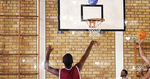 Basketball Player Shooting on Indoor Court with Social Media Overlay