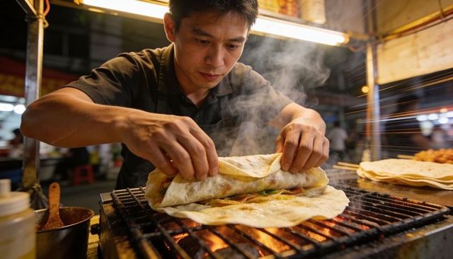 Night market cook folding sizzling filled flatbread over charcoal grill steaming in warm light