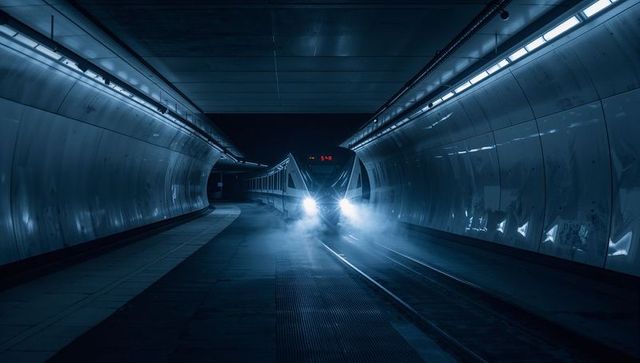 Night metro train approaching platform through steam with blue neon reflections