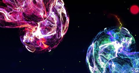 Swirling neon particle orbs colliding in cosmic void, glowing energy ribbons and sparks