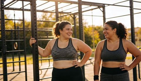 Two women smiling during outdoor strength training at golden hour, curvy fitness friends