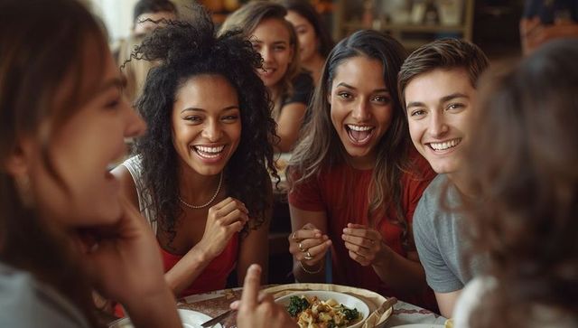 Laughing friends sharing meal at cozy cafe enjoying conversation, warmth and togetherness