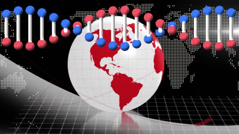 Global Science Network with DNA Structure and World Map Background