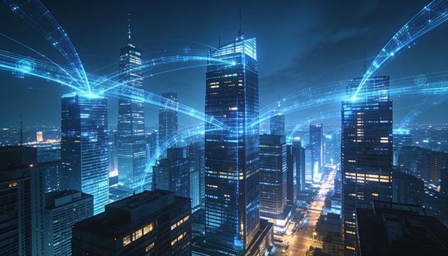 Smart city data streams connecting skyscrapers at night, futuristic 5g network skyline