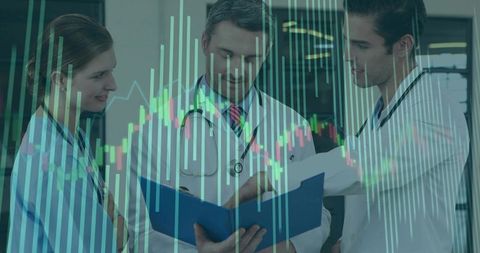 Doctors Analyzing Data with Overlay of Financial Chart
