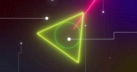Futuristic neon geometric graphics on digital interface grid