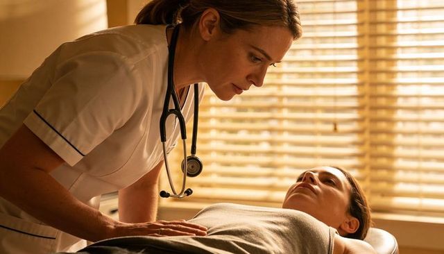 Female nurse leaning over patient performing gentle clinical examination in warm sunlight