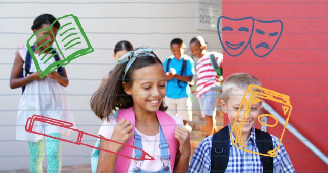 Image of school icons over school children at school. education, learning and schooling concept digitally generated image.