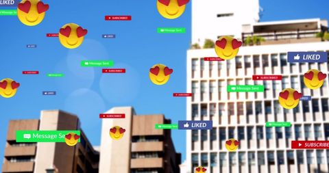 Social Media Emojis and Notifications Over Urban Scene - Download Free Stock Images Pikwizard.com
