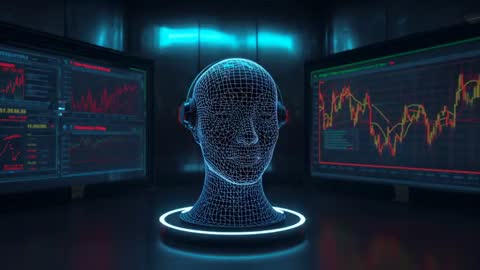Futuristic AI Head with Interfaces Analyzing Data in High-Tech Room