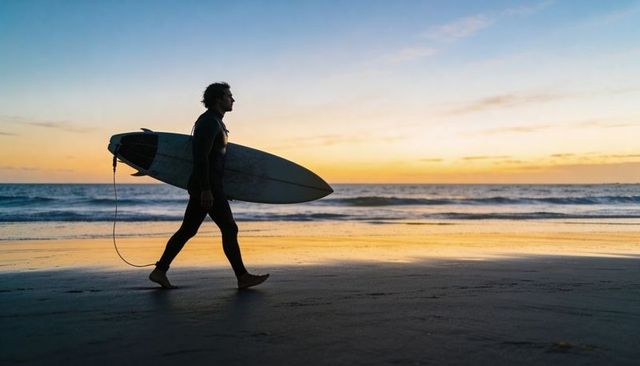Surfer walking along sunset shoreline carrying surfboard in wetsuit silhouette at dusk