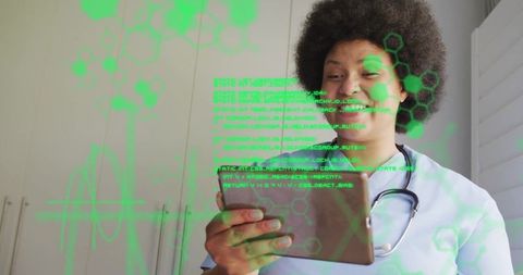 Doctor Using Tablet with Holographic Medical Interface
