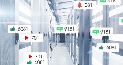 Futuristic Data Center Corridor with Digital Interaction Icons