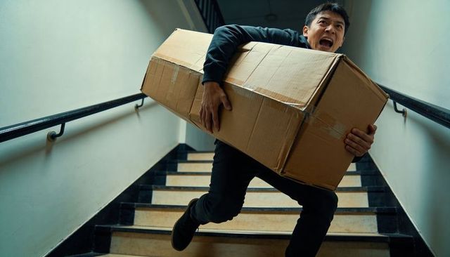 Struggling man carrying heavy cardboard box down narrow stairwell, gripping handrail