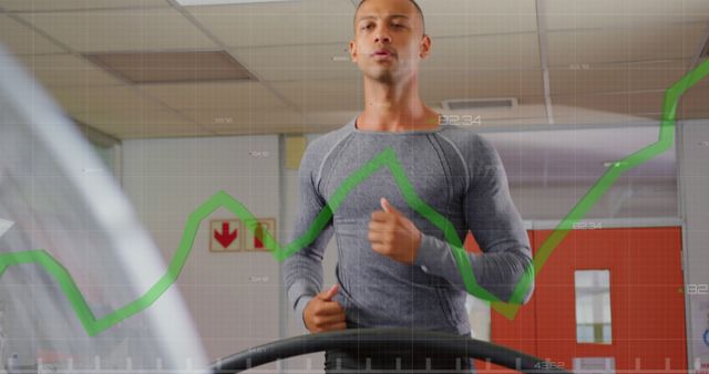 Man running on treadmill in gym, with a transparent candlestick graph over him, symbolizing the intersection of fitness and financial analysis. Ideal for content blending physical fitness with financial metrics or planning. Suitable for articles on financial health, data-driven fitness programs, and tech-enhanced workouts.