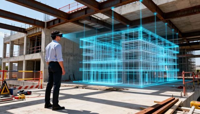 Engineer wearing ar headset scanning holographic 3d building model on construction site