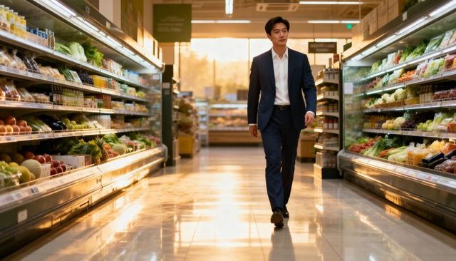 Asian businessman walking down grocery produce aisle with refrigerated displays at sunset