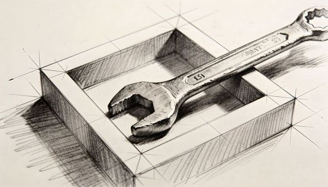 Wrench lying across drawn 3d paper recess with perspective guides and graphite hatching