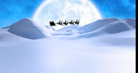 Santa sleigh gliding across moonlit sky with eight reindeer silhouettes over snowy hills