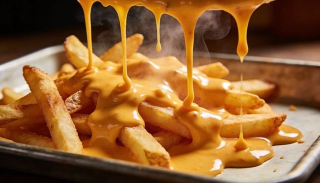 Drizzling cheddar cheese over steaming crispy thick-cut fries on metal tray