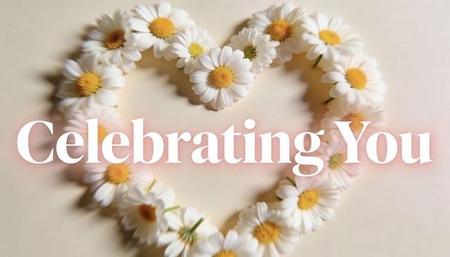 Daisy heart wreath celebrating you text soft beige floral flatlay for greeting card