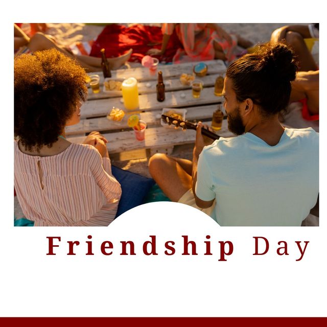 Diverse group of friends celebrating Friendship Day by playing music and enjoying drinks at sunset. Ideal for themes of friendship, social gatherings, celebrations, outdoor activities, togetherness, and multicultural unity.