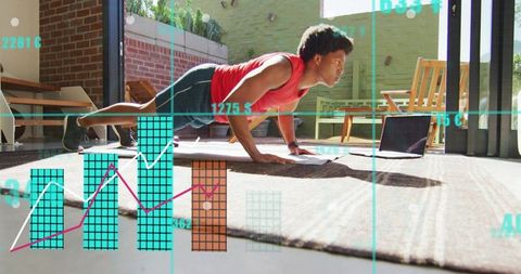 Sunlit home workout showing man holding plank with laptop and fitness analytics overlay