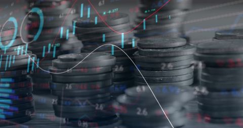 Stacks of Coins Overlayed with Financial Data Graphs