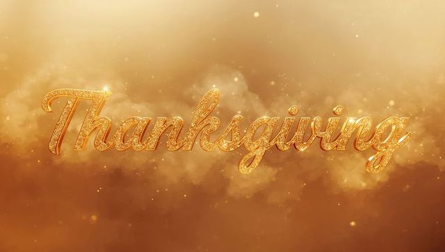 Glittering gold thanksgiving script on warm bokeh background for holiday party invitations