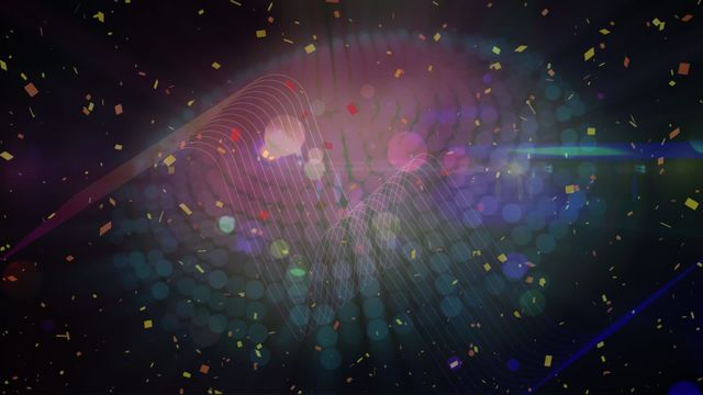 Dynamic and vibrant abstraction featuring colorful light trails and bokeh effects on a dark background, interspersed with confetti. Suitable for use in entertainment, digital presentations, celebratory events, and as a vivid backdrop for videos and promotional content.