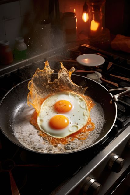 Two eggs fry in a pan on a stove, capturing a dynamic splash. Home cooking comes to life in this kitchen scene, showcasing a common breakfast preparation.