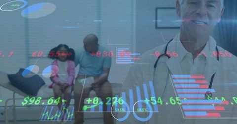 Family pediatric consultation with doctor and interactive health data visualization overlays