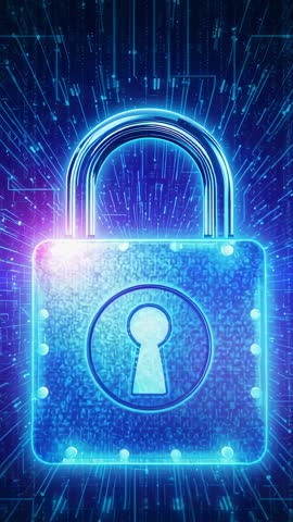 Neon Padlock Pulsing to Signal in Futuristic Cyber Circuit Vertical Video Loop Security
