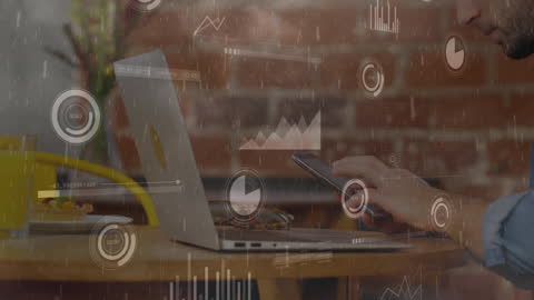 Man Using Laptop and Phone with Digital Interface Holograms in Cafe