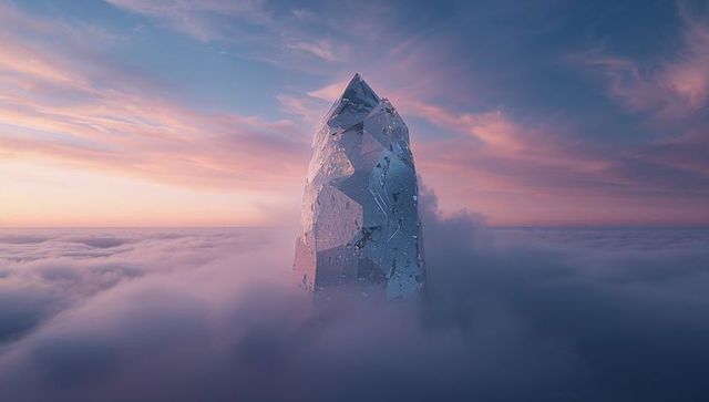 Faceted crystal monolith rising above clouds reflecting pastel sunrise light