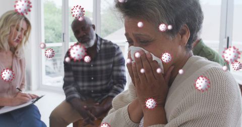 Worried Seniors in Discussion with Digital Virus Overlay