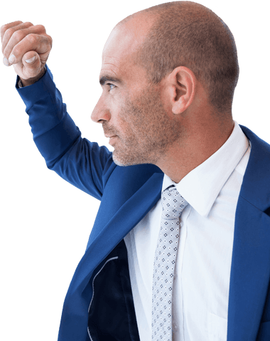 Focused businessman in blue suit looking determined transparent