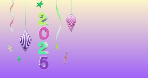 Colorful 2025 Design with Festive Ornaments on Purple Gradient