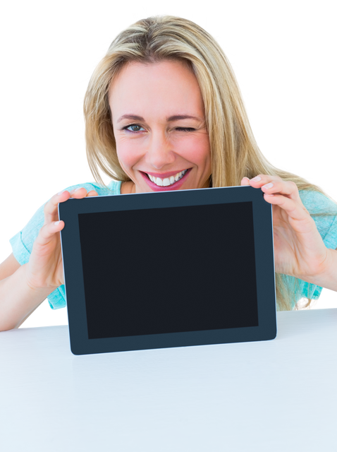 Happy Woman Winking with Modern Tablet on Transparent Background - Download Free Stock Videos Pikwizard.com