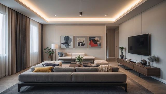 Minimalist living room featuring low gray sectional, wall-mounted tv, ambient lighting