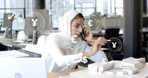 Confident architect analyzing building design with currency icons overlay