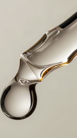 Vertical slow-motion forming of viscous drop on glass dropper for skincare serum