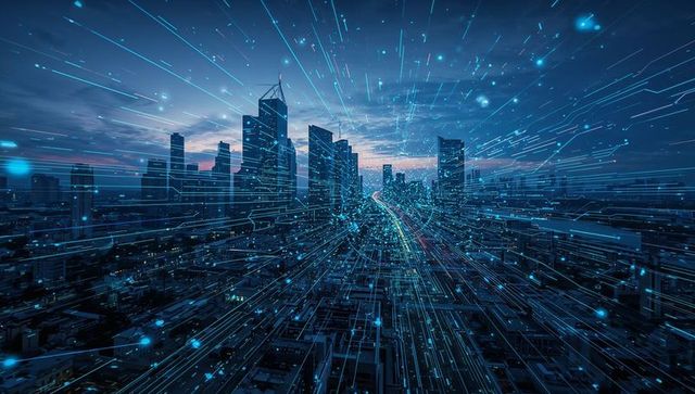 Futuristic skyline with digital network overlay at dusk