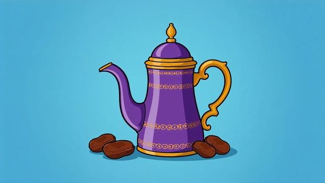 Ornate purple and gold coffee pot with coffee beans