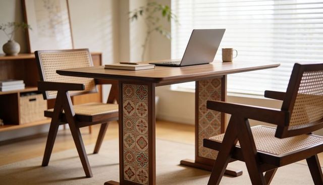 Cozy midcentury wooden dining workspace featuring patterned tile pedestals and open laptop
