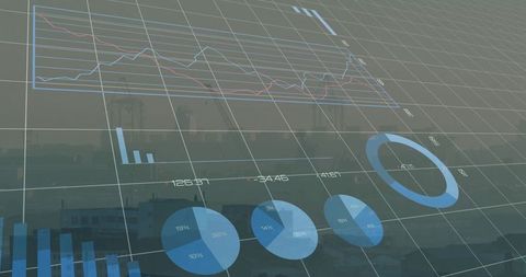 Futuristic Data Visualization Over City Skyline at Dusk