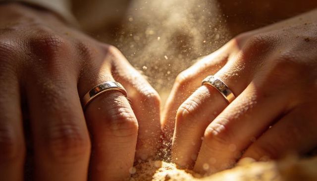 Hands pressing into golden sand with wedding rings, glowing dust and intimate texture